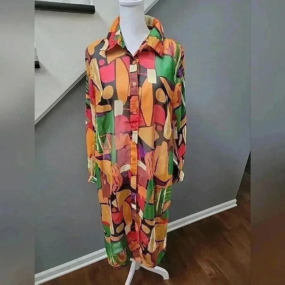 Live 4 Truth Button Up Sheer Maxi Shirt Dress/Duster Sz 1X Colorful Retro Hippie - Picture 1 of 6
